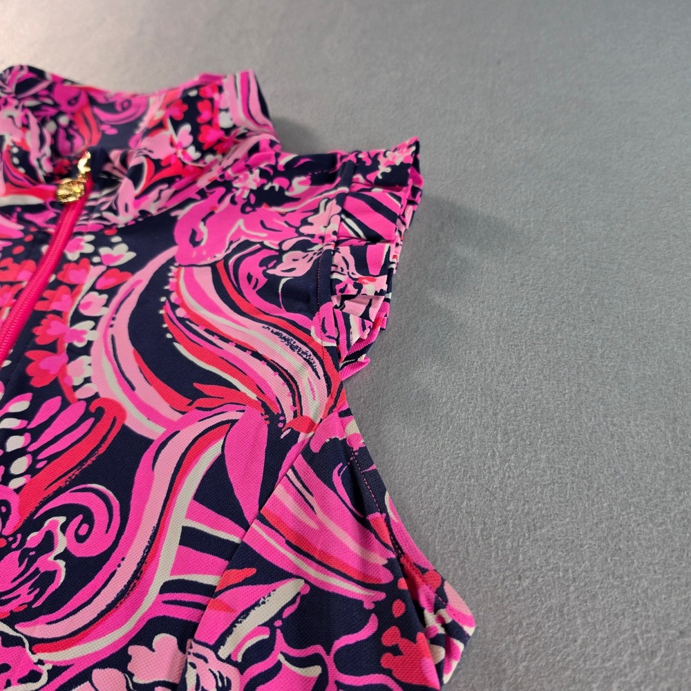 Lilly Pulitzer Luxletic Sleeveless Golf Polo Pink Navy Floral Ruffle XL - Picture 3 of 8